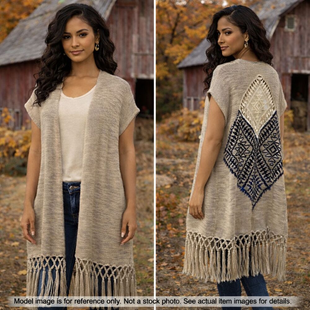 Maurices Beige Boho Open Front‎ Fringe Cardigan S/M Lace Back Knit
